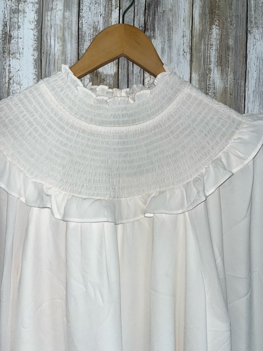 LOFT Cream Smocked Ruffle Neck Blouse Large Long Sleeve Sheer Feminine Top - Picture 2 of 6